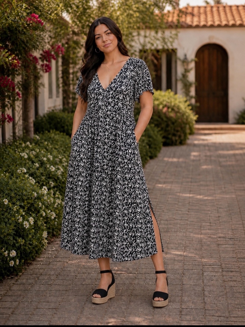 a new day Black & White Floral V-Neck Midi Dress